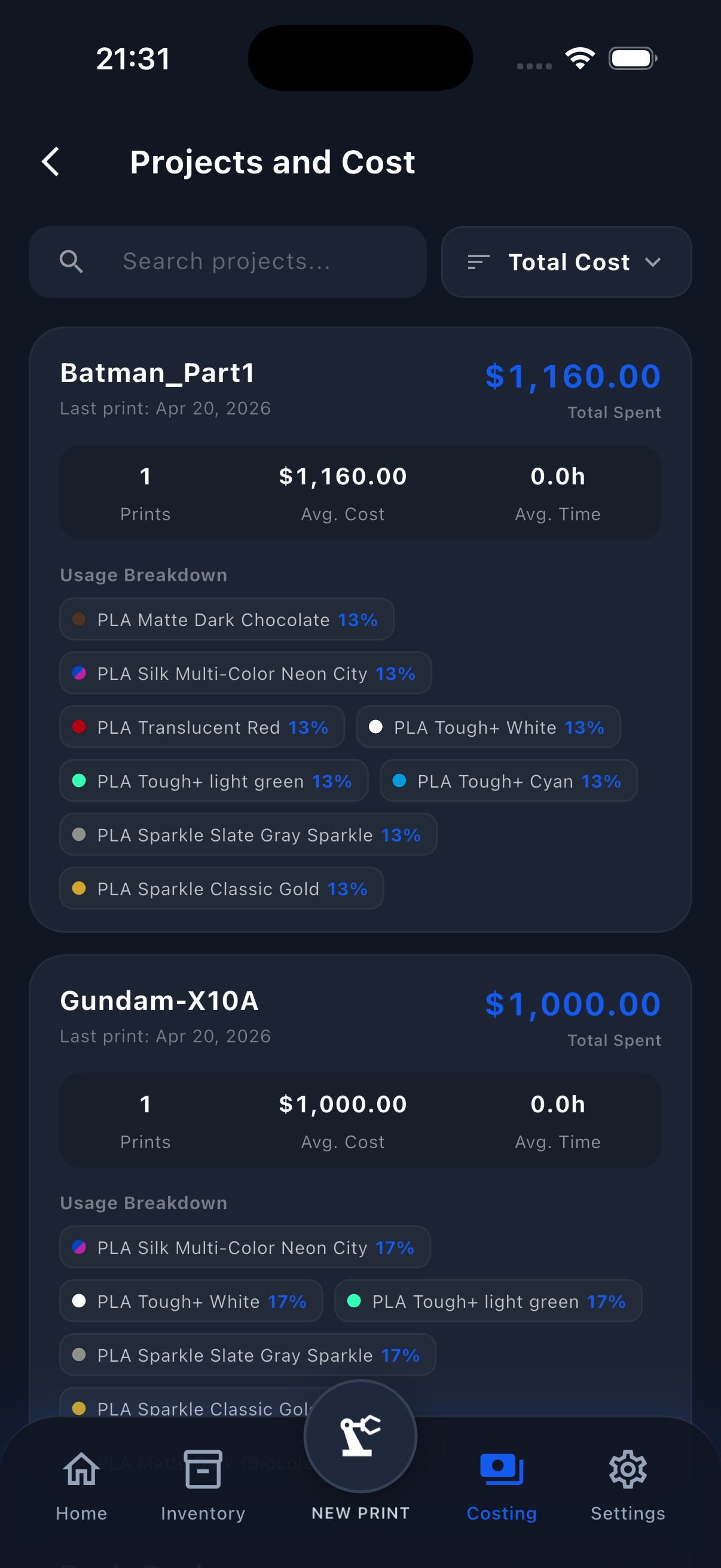 Filament Genius mobile interface for filament and print cost analysis